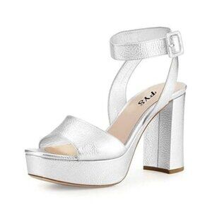 Women Round Open Toe Platform Ankle Strap Sandals Block Chunky High Heel Buckled